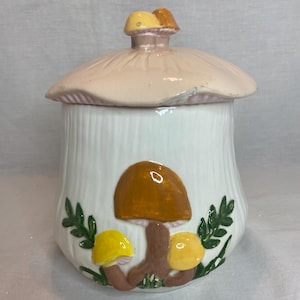 Arnel&#39;s Mushroom Ceramic Canisters - Small - Cookie Jar - MCM Vintage Kitchen Decor Hand Painted Ceramic Glaze