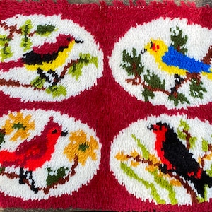 Latch Hook Rug Wall Tapestry Hanging - Bird Watcher - Spring Birds - Latch Hook Birds - Latch Hook Garden