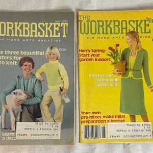 May include: Two magazine covers from The Workbasket, a home arts magazine. The April 1980 cover features a woman and child wearing knitted sweaters, and a lamb. The May 1980 cover features a woman wearing a green crocheted dress and jacket, holding a pot of flowers. Both covers feature the magazine title and price.