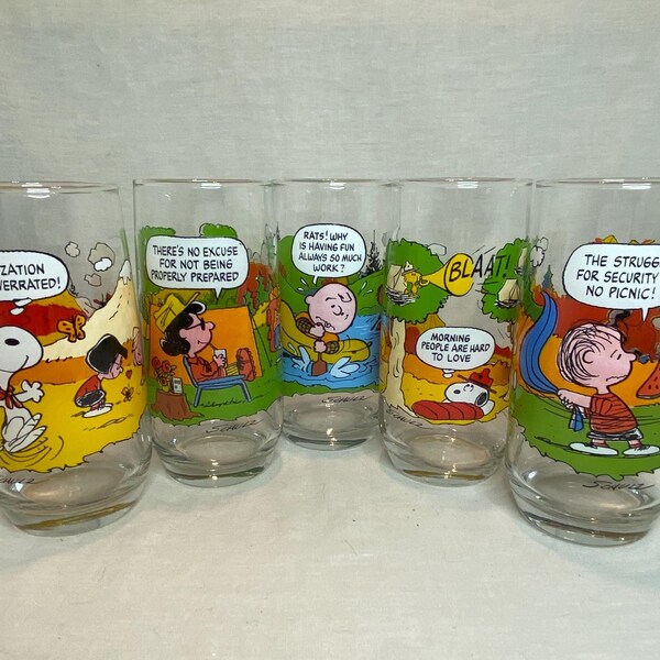 Camp Snoopy 1983 McDonald's Glasses - Charlie Brown Drinking Glasses - Complete Set of 5