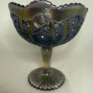 Imperial Glass Iridescent Luster Purple Grape Amethyst Carnival Glass Pedestal Compote Dish