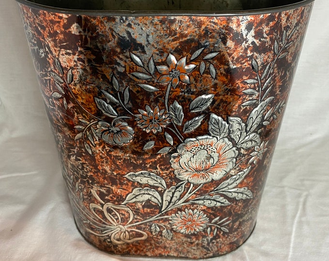 Cheinco Embossed Metal Trash Can Oval Steel Floral Design Metal Waste