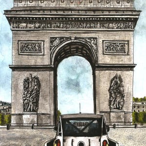 Peut inclure: Une illustration à l'aquarelle de l'Arc de Triomphe à Paris avec une voiture blanche garée au premier plan. La voiture présente une plaque d'immatriculation 01-420-52 et montre une vue arrière avec des passages de roue sombres et un emblème central.