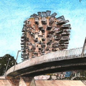 Peut inclure: Une peinture à l'aquarelle d'un bâtiment moderne avec un design unique, ressemblant à un arbre avec de nombreux balcons. Le bâtiment est situé au-dessus d'une rivière avec un pont qui la traverse.