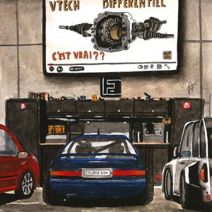 Peut inclure: Une illustration à l'aquarelle d'un intérieur de garage avec une voiture bleue immatriculée SYLVAIN 500, entourée de voitures rouge et blanche. Au-dessus, un écran affiche un schéma VTECH DIFFERENTIEL avec le texte C'EST VRAI?? et XANTIA ASSISTANCE.
