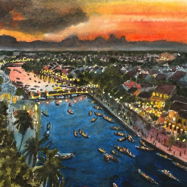 Ville de Hoi An au Vietnam au coucher de soleil