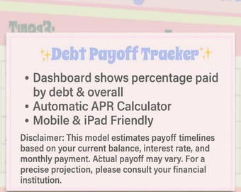 May include: A light pink and green debt payoff tracker with the title "Debt Payoff Traeker". Features include a dashboard showing percentage paid, an APR calculator, and mobile/iPad compatibility.