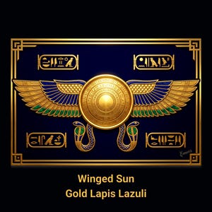 May include: A gold and blue Egyptian-themed design featuring a winged sun emblem. The design includes hieroglyphs, gold accents, and the text "Winged Sun Gold Lapis Lazuli". The artwork is set against a dark blue background.