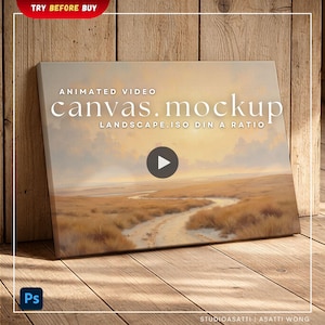 Könnte beinhalten: Ein Leinwand-Mockup mit einem animierten Video einer Landschaftsszene. Die Leinwand zeigt ein Gemälde eines Feldes mit einem Feldweg unter einem Sonnenuntergangshimmel. Der Text auf der Leinwand lautet "canvas.mockup LANDSCAPE.ISO DIN A RATIO".