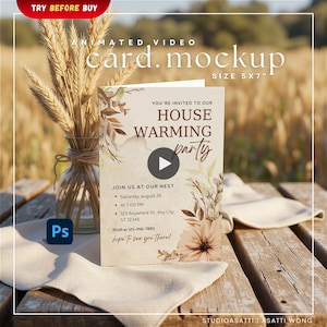 5x7 Card Video Mockup | Animated Rustic Cottagecore Invitation Elegant Flat Lay Greeting | Smart Object Photoshop | Etsy Seller Preview