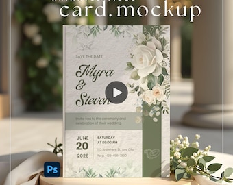 Hochzeitseinladungskarte Video Mockup | Elegantes Blumenmuster Flach | PSD Smartobjekt