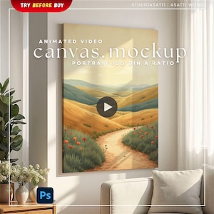 ISO Canvas Video Mockup | Animated Wall Art Frame Display Photography | Cozy Luxury Curtain Neutral Minimalist Room | Smart Object Photoshop
