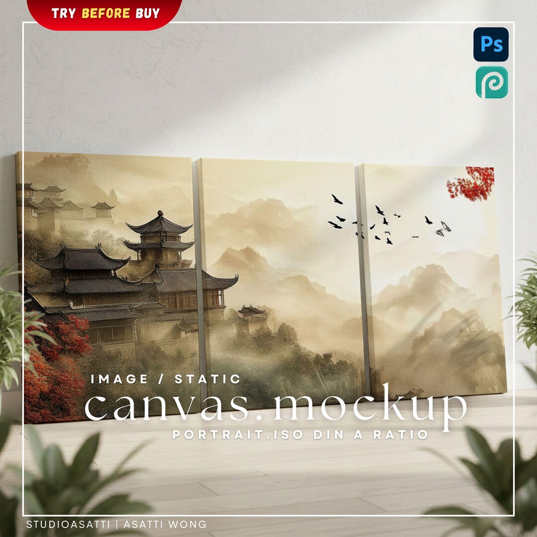 21:9 Three-split Frames Canvas Mockup | Wall Art Room Painting Display ...