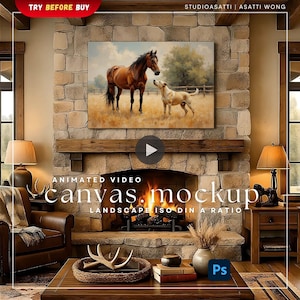Op de afbeelding: Een woonkamer met een open haard en een canvas print met een paard en een hond. Het canvas bevindt zich boven een houten schoorsteenmantel. De tekst "canvas mockup" is zichtbaar.
