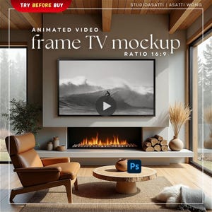 Könnte beinhalten: Innenarchitektur-Mockup mit einem Frame-TV im 16:9-Format, das ein Schwarz-Weiß-Bild eines Surfers zeigt. Die Szene umfasst einen Kamin, einen Ledersessel und einen Holztisch. Text lautet "TRY BEFORE BUY" und "frame TV mockup".