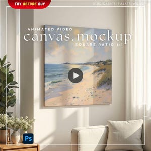 Square 1:1 Canvas Video Mockup | Animated Neutral Minimalist Room Wall Art Frame Photography Portrait Slow Motion | Smart Object Photoshop