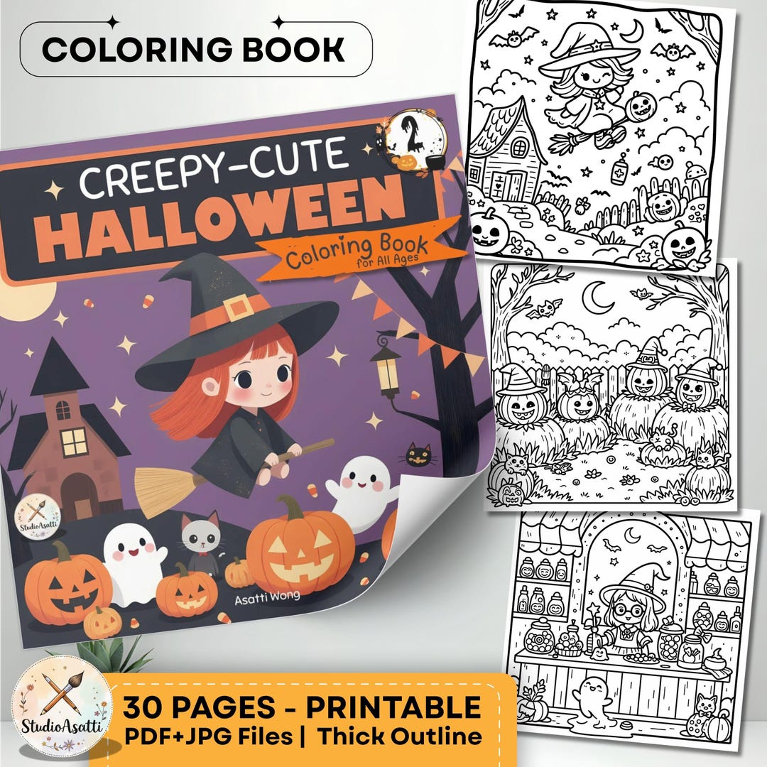 Creepy-cute Halloween Coloring Pages: Kawaii Illustrations (PDF & JPG ...