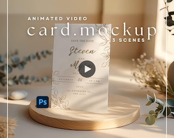 5x7 Card Video Mockup | 3 Scenes Realistic Animated Closeup Greeting Card Invitation Stationery Flat Lay Smart Object Photoshop Slow motion