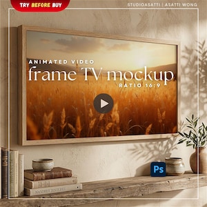 May include: A wooden framed TV mockup showing an animated video of a golden field at sunset. The text "frame TV mockup" is visible. The ratio is 16:9. The image is set on a rustic wooden shelf with books, a bowl, and a vase.