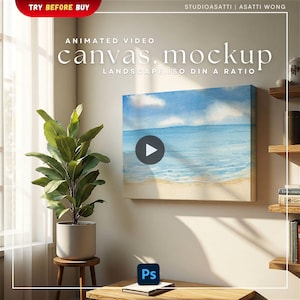 ISO Canvas Video Mockup | Animated Landscape Horizontal Wall Art Frame Photography | Neutral Minimalist Study Room | Smart Object Photoshop