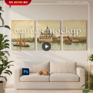 Canvas Video Mockup | 3 Split Panel Frame Wall Art Display Cat | PSD Smart Object