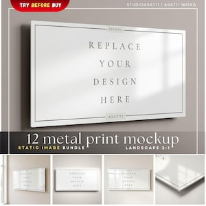 12 Metal Print Image Mockup Bundle | Thin 2:1 Wall Art Display Neutral Minimalist Interior Scene | Digital File Smart Object Photoshop PSD