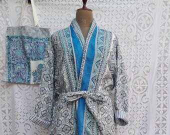 Beautiful Hand Block Printed Cotton Quilted Bathrobe With Long Sleeve, Reversible Colorful Floral Printed Kimono For Home Sleepwear Cloth
