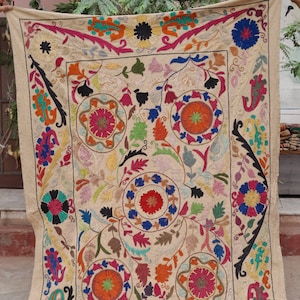 Vintage Indian Suzani Embroidery Decorative Throw For Home Decor & Wall Hanging, Colorful Handmade Embroidery Suzani Bed Spread, Bed Cover