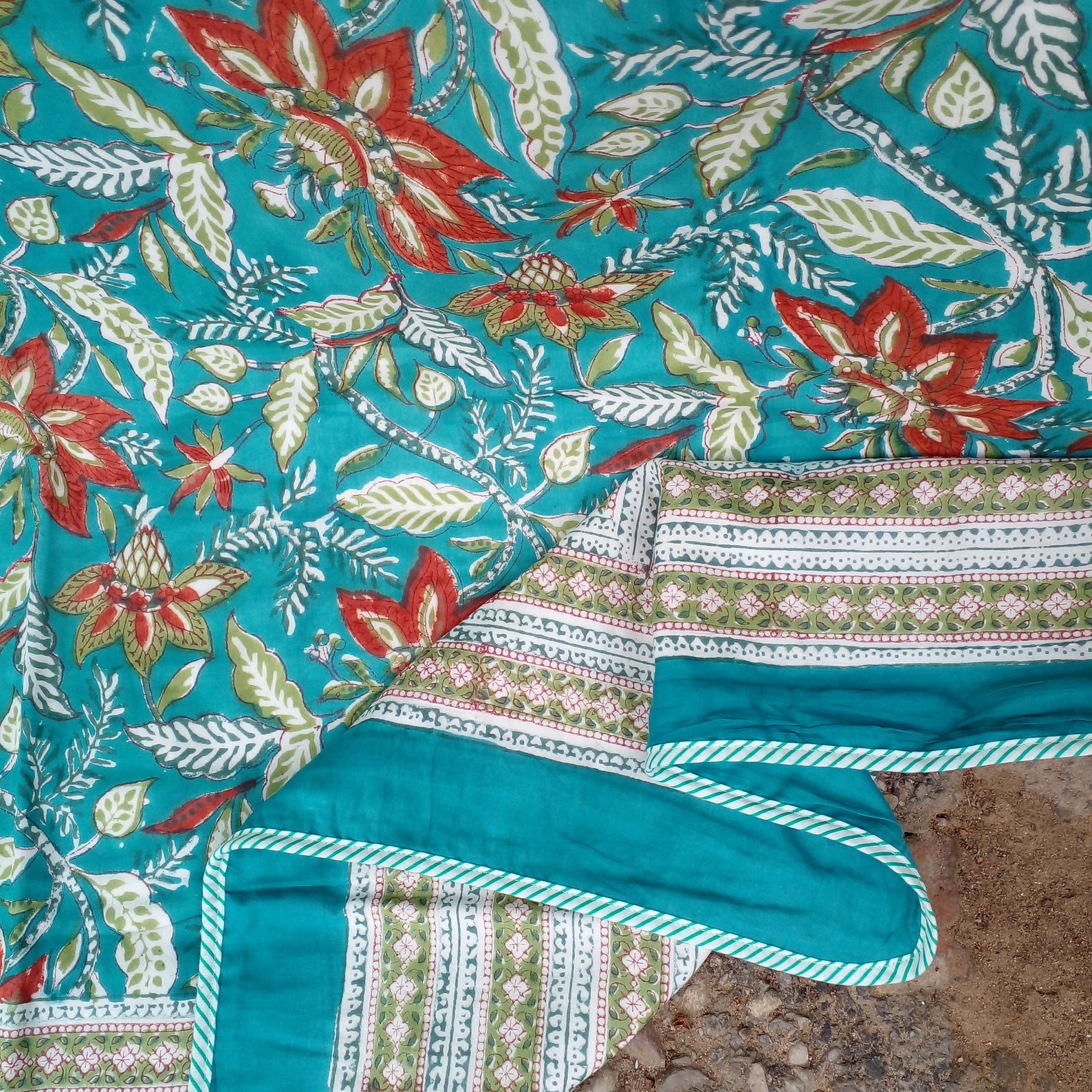 Indian handmade Floral Print Summer Single Reversible Quilt | Etsy