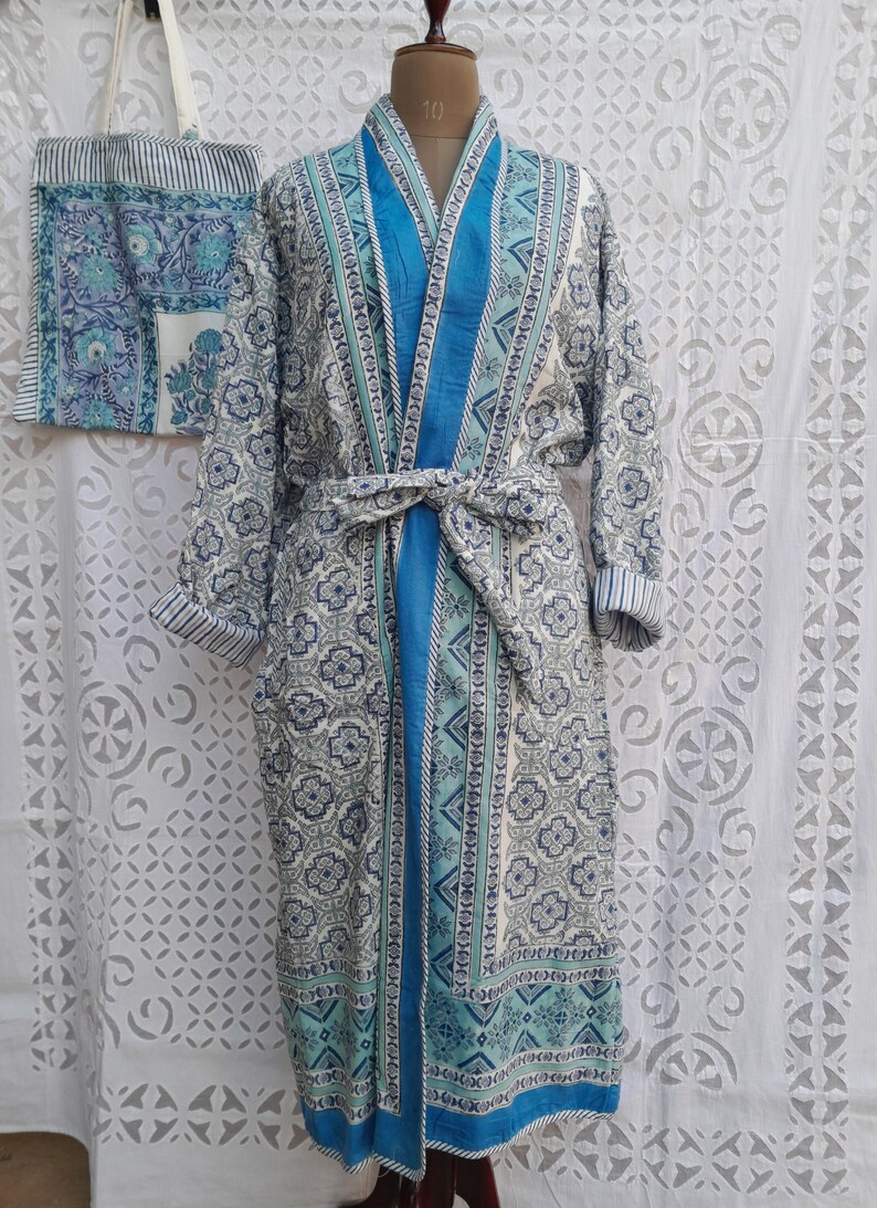 Hand Block printed cotton quilted kimono with belt closure bathrobe