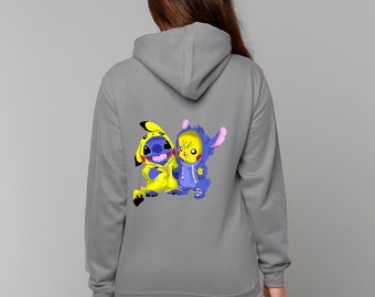 May include: A gray hoodie featuring a colorful graphic of two cartoon characters dressed as each other. One character is dressed as Pikachu in a yellow outfit, and the other is dressed as Stitch in a blue outfit. The hoodie has a hood and long sleeves.
