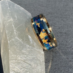 Gold Plated Tungsten Ring. Blue Opal ring. Handmade Men and Women’s Wedding Band. Anniversary Gift. Custom Jewelry
