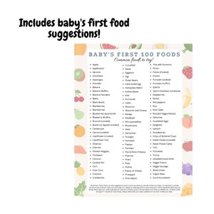 Peut inclure: Une infographie color&eacute;e, "Baby's First 100 Foods", pr&eacute;sente des aliments courants pour b&eacute;b&eacute;s. L'image comprend des illustrations de fruits et l&eacute;gumes, comme des pommes, des bananes et des carottes. Le texte en haut dit "Includes baby's first food suggestions!"