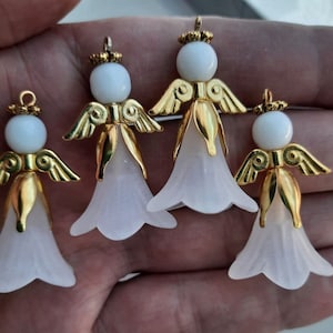 6 Pcs Angel Guardian Charms Pendants Christmas Decoration Fairy Wings Strap Small White Glass Golden Baby Shower