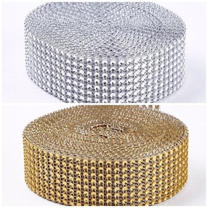 2 Metres Silver Gold Diamante Rhinestone Crystal Effect Ribbon Trim Cake Bridal 8 Rows