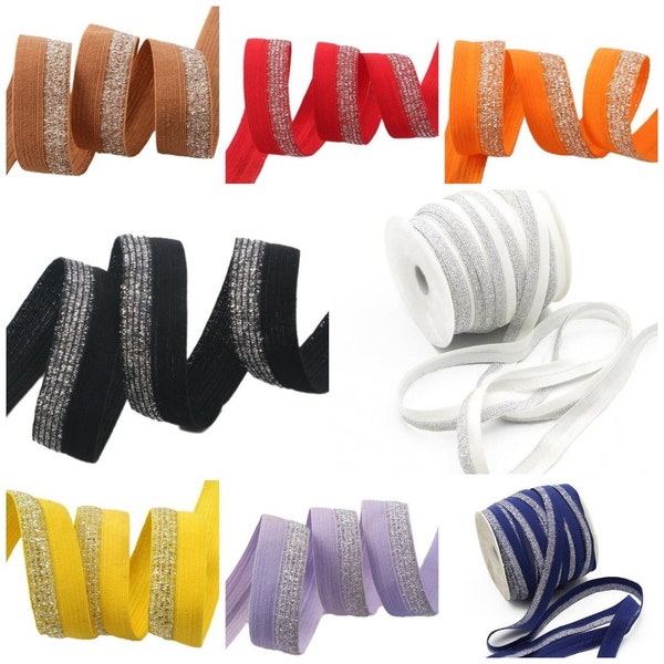 3 mètres Élastique Foe Fold Over Silver Glitter Metallic Velvet Ribbon Crafts UK 16 MM