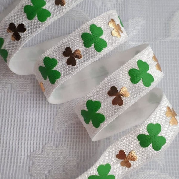 3 mètres Foe Fold Over Elastic Gold Clover Ribbon Bandeaux blancs Artisanat St Patricks Day Coudre 16 mm