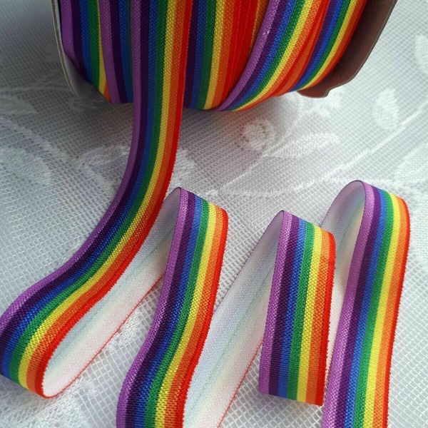 1-5 mètres Foe Fold Over Elastic Ribbon Crafts Sew Rainbow NHS Gay Pride 16 MM