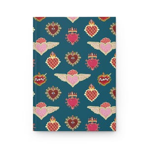 Sacred Heart Pattern Hardcover Journal | Winged Hearts Teal Notebook