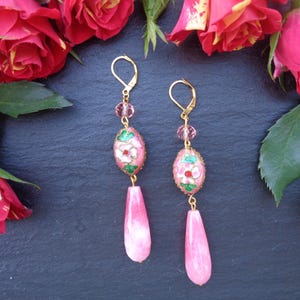 Pink Quartz Earrings, Statement Earrings, Gift for Her, Gemstone Earrings, Cloisonné Earrings, Pink Earrings, Drop Earrings