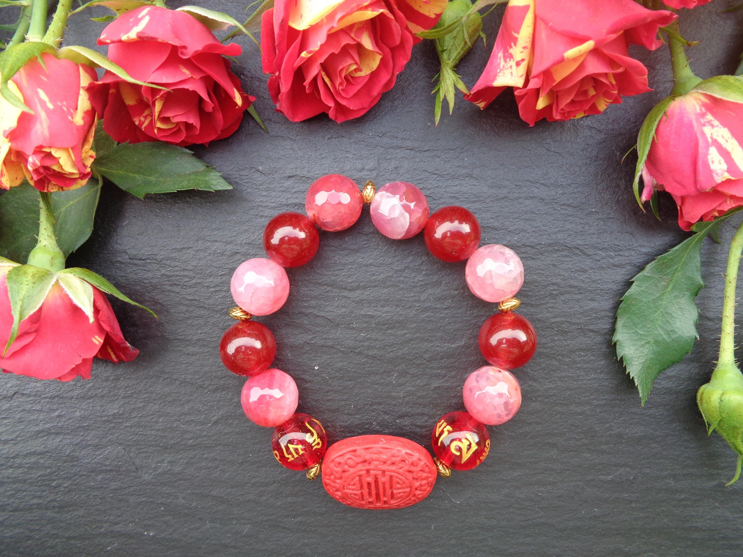 Pink Crackle Quartz Bracelet: Red Agate, Cinnabar Shou Longevity, Feng  Shui