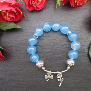 Blue Quartz, Silver Charms Bracelet, 8 Chakras, Gift for Her, Gift for Mom, Mother&#39;s Day Gift, Healing Bracelet, Gemstone Bracelets