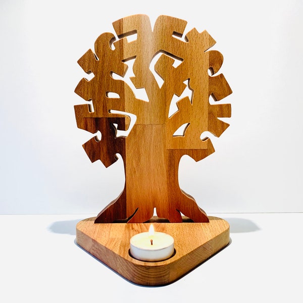 Bougeoir arbre de vie, en bois naturel fait main en Bretagne