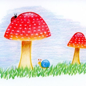 Mushroom Drawing, Snail Drawing, Mushroom and Snail Print, Snail Art, Snail Print, Mushroom Print, Mushroom Art, Ladybug Art, Nursery Art