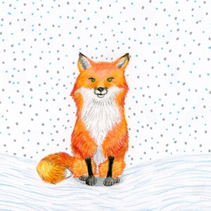 Fox Print, Fox in Snow print, Fox Art, Fox Drawing, Woodland Animal