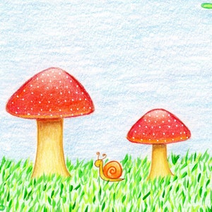 Two Mushrooms and Snail Print, Mushroom and Snail Art, Snail Art, Mushroom Art, Nursery Art