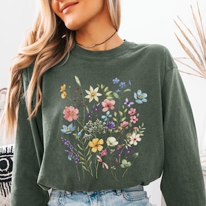 Wildflower Cottagecore Long Sleeve Shirt - Comfort Colors Floral Crewneck