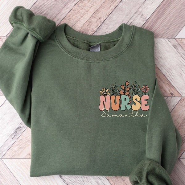 Personalized Wildflowers Nurse Sweatshirt, Cute Custom Nurse Crewneck Sweater, Floral Nurse Sweatshirt, RN, LPN, Icu, Nursing Student Gift