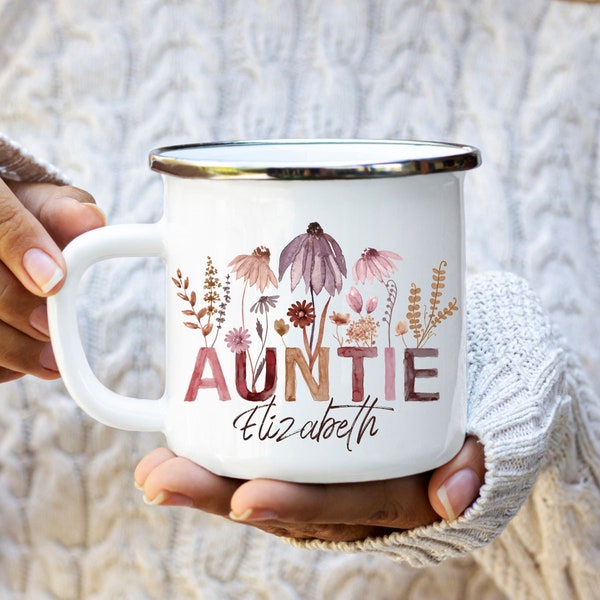 Aunt Mug With Boho Pressed Wildflowers, Personalized Aunt Mug, Custom Auntie Coffee Mug Gift, Pregnancy Announcement Gift, Aunt Birthday