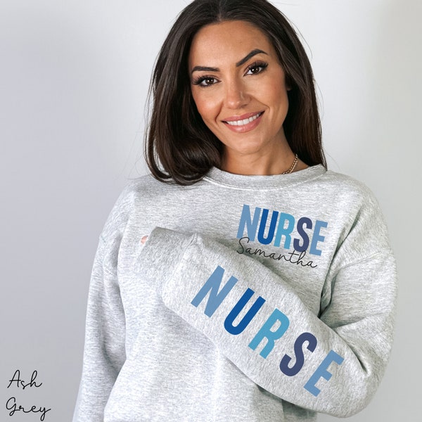 Personalized Nurse Sweatshirt with Left Sleeve Imprint, Custom Nurse Sweatshirt, Nurse Crewneck Sweater, Nurse Gift, RN, LPN, CNA, Icu, Picu